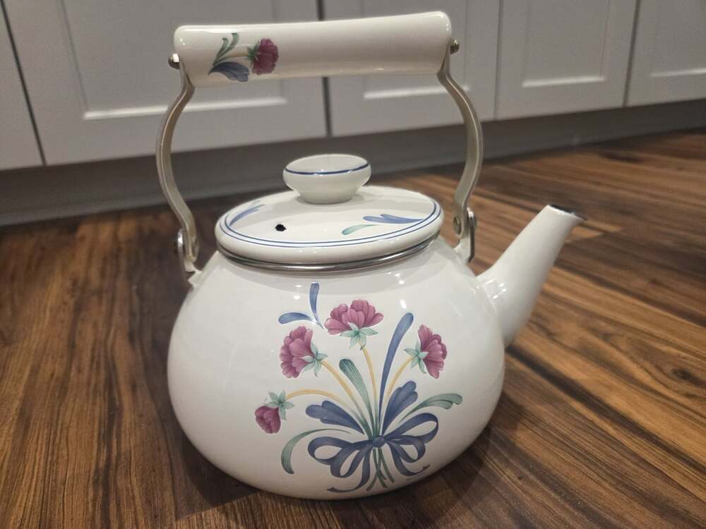 Vtg Lenox Enamel Tea Kettle Cottagecore Floral Bow Farmhouse Decor Country